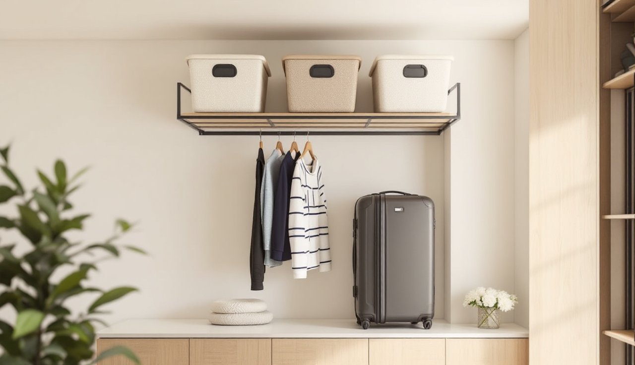 Ceiling-mounted storage rack holding labeled lidded bins and a suitcase in a small bedroom