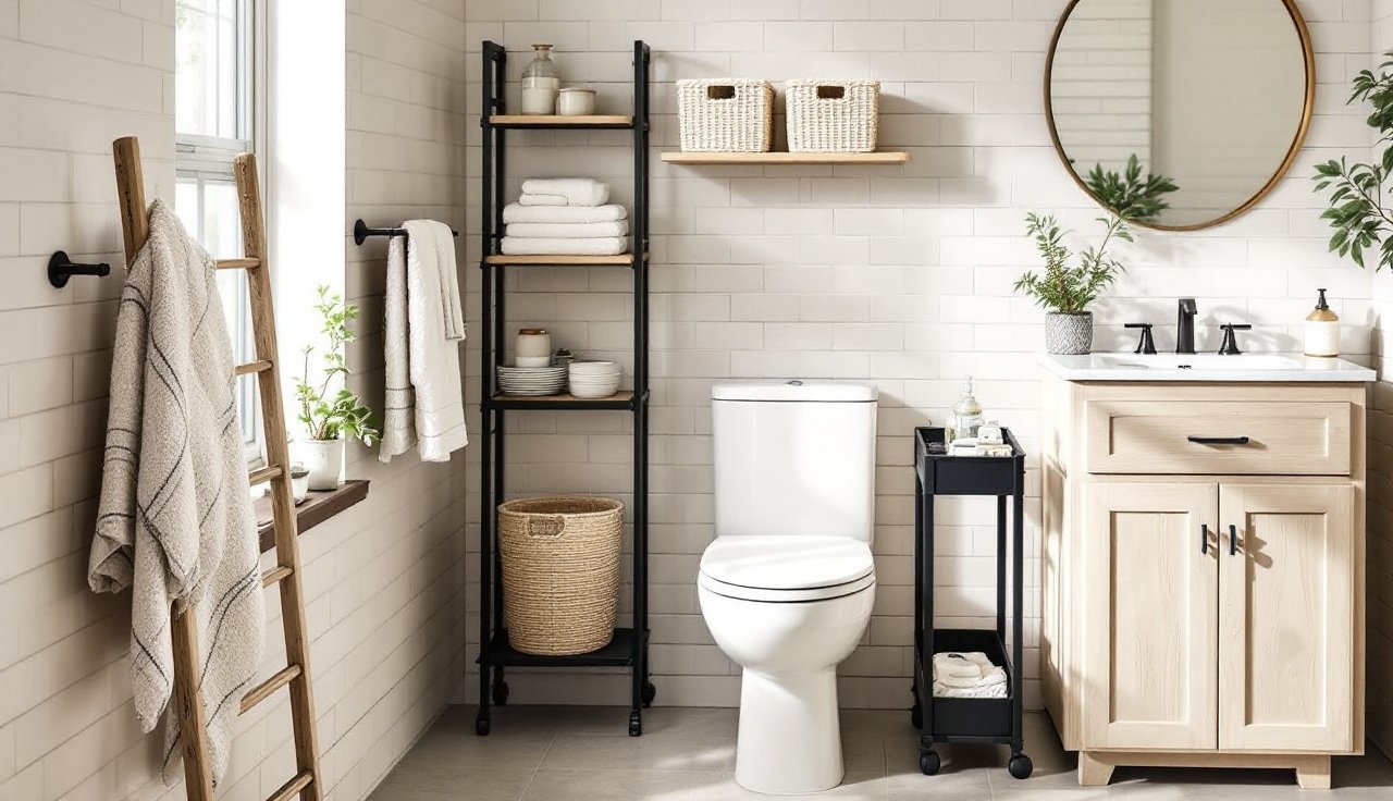 Toilet zone with over-the-toilet storage rack and baskets, plus a slim rolling cart near the vanity