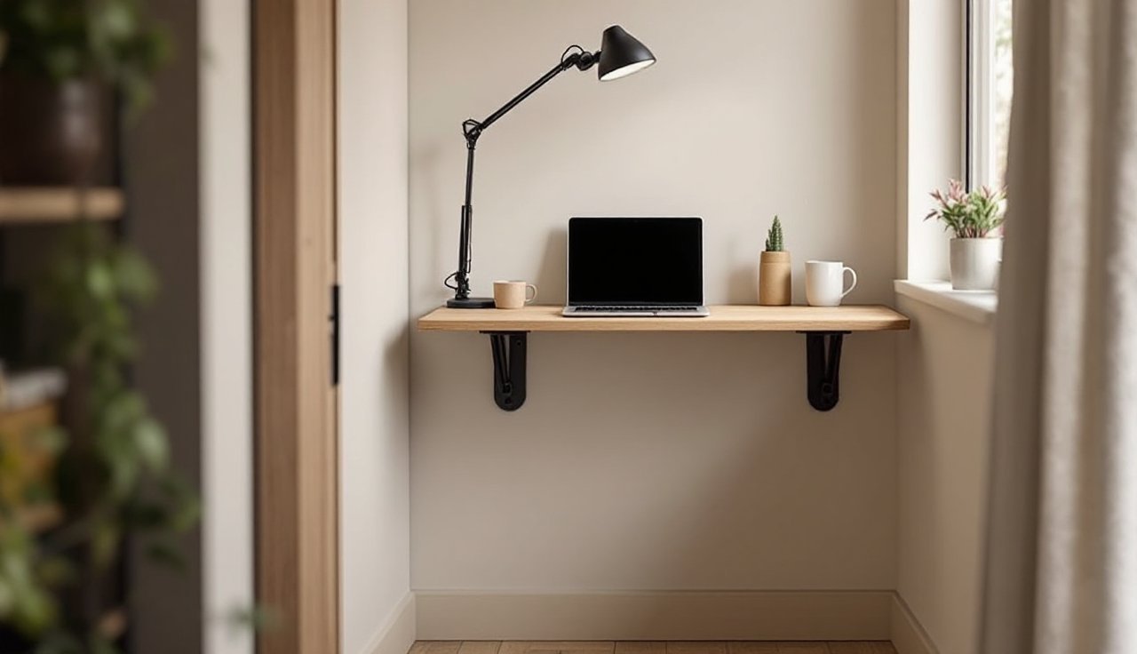 Fold-down wall desk set up in a small bedroom office nook with a compact chair and clip-on lamp