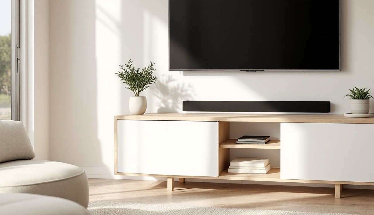 TV wall with a low media console, hidden cables, and minimal styling in warm modern tones