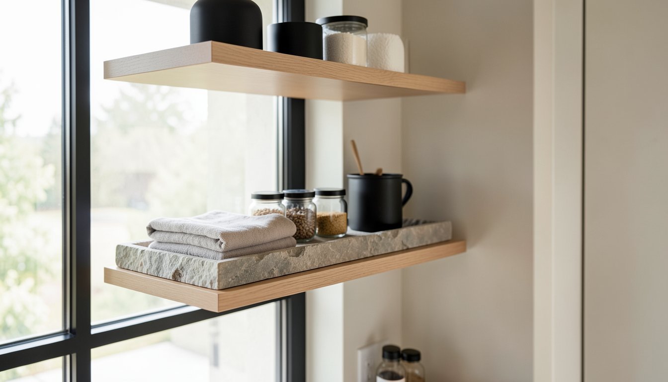 Styled small bathroom shelf with trays, jars, and towels in a warm modern palette