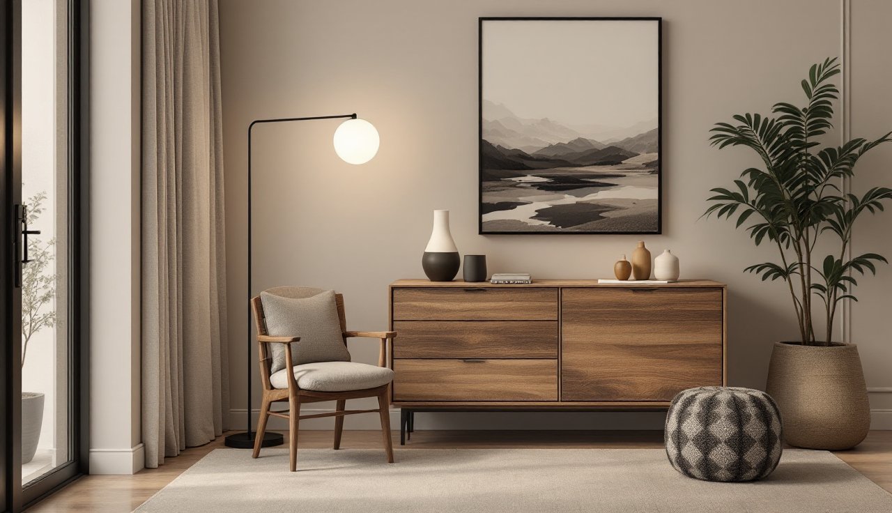 Living room corner lit with a floor lamp and a table lamp using warm bulbs