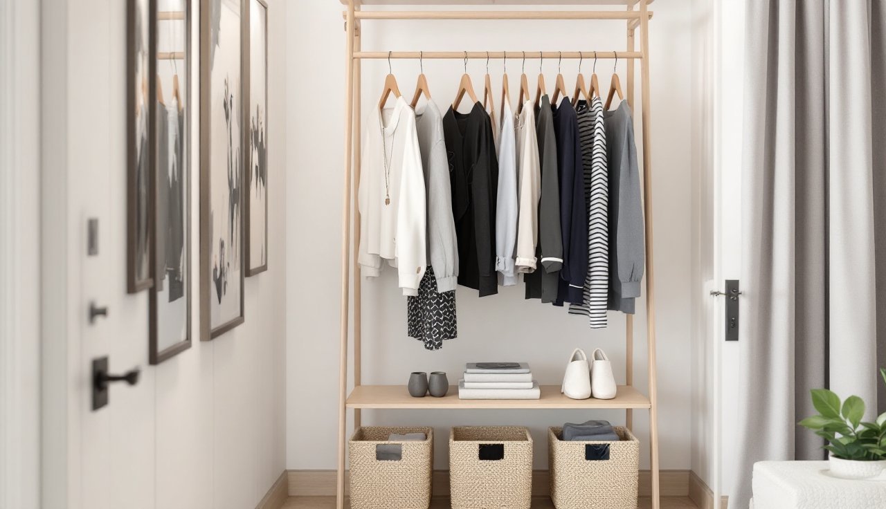 Capsule wardrobe on a garment rack with baskets underneath in a small bedroom corner