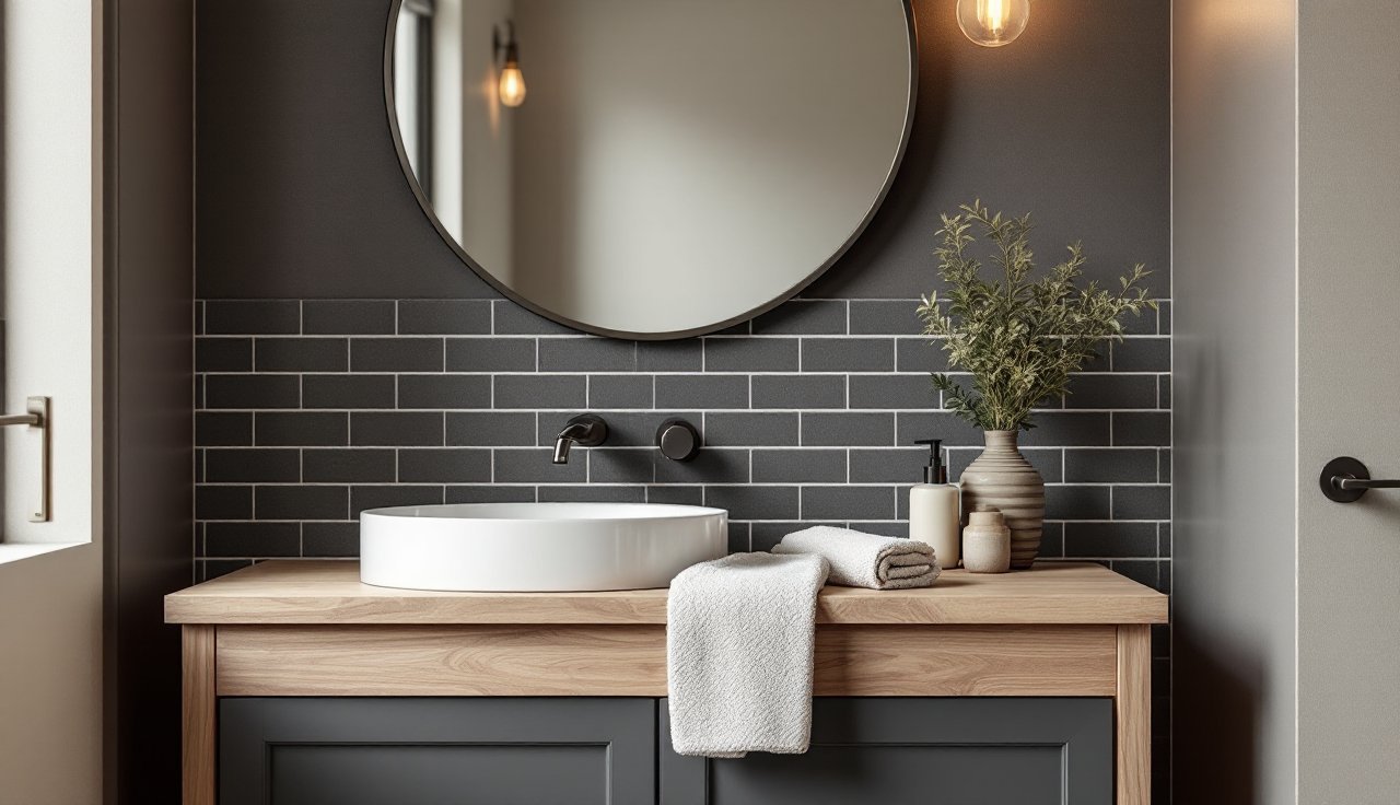 Bright small apartment bathroom with renter-friendly upgrades, tidy vanity, and warm lighting