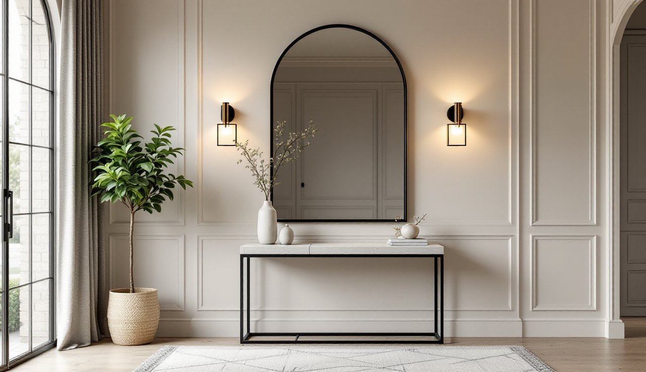 Console wall with a large arched mirror and warm layered lighting from a sconce or lamp