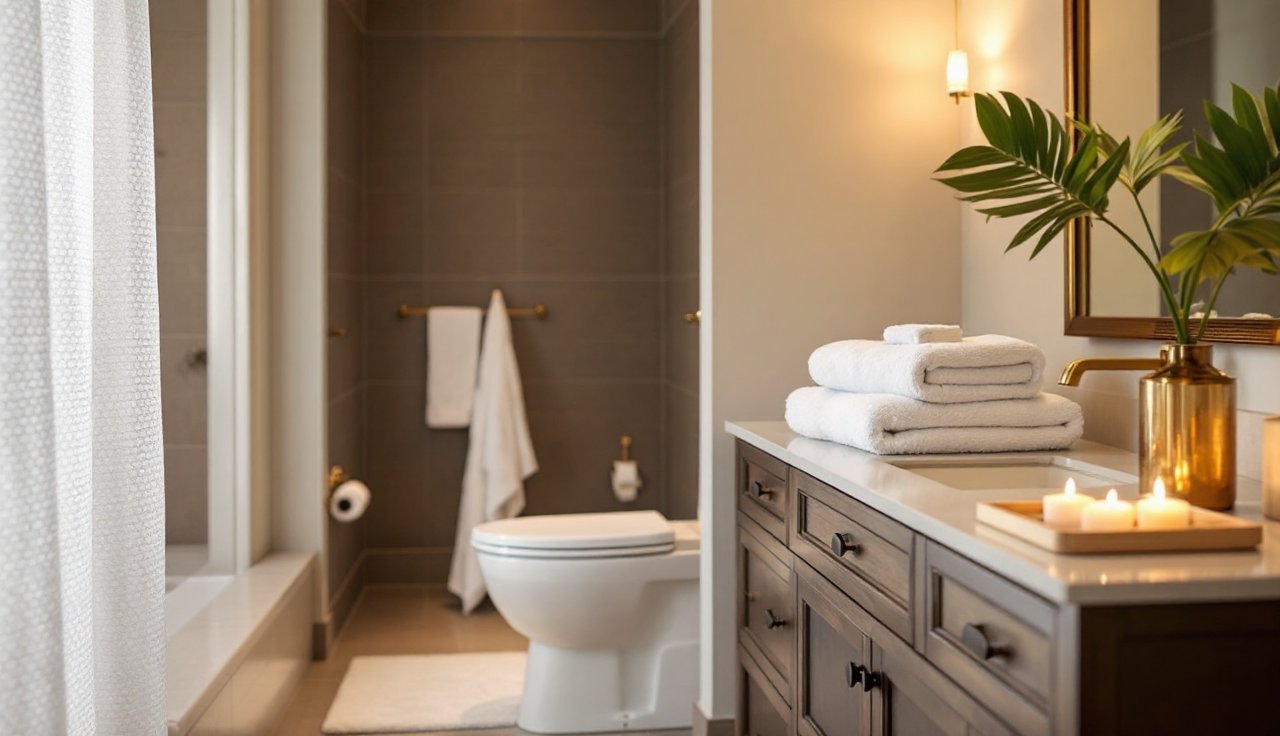 Spa-like modern bathroom with plush towels and a quick-dry bath mat