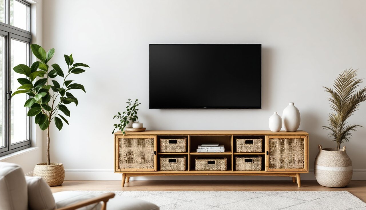 Rattan-front media console styled with minimal decor, a plant, and hidden storage baskets in a modern boho living room