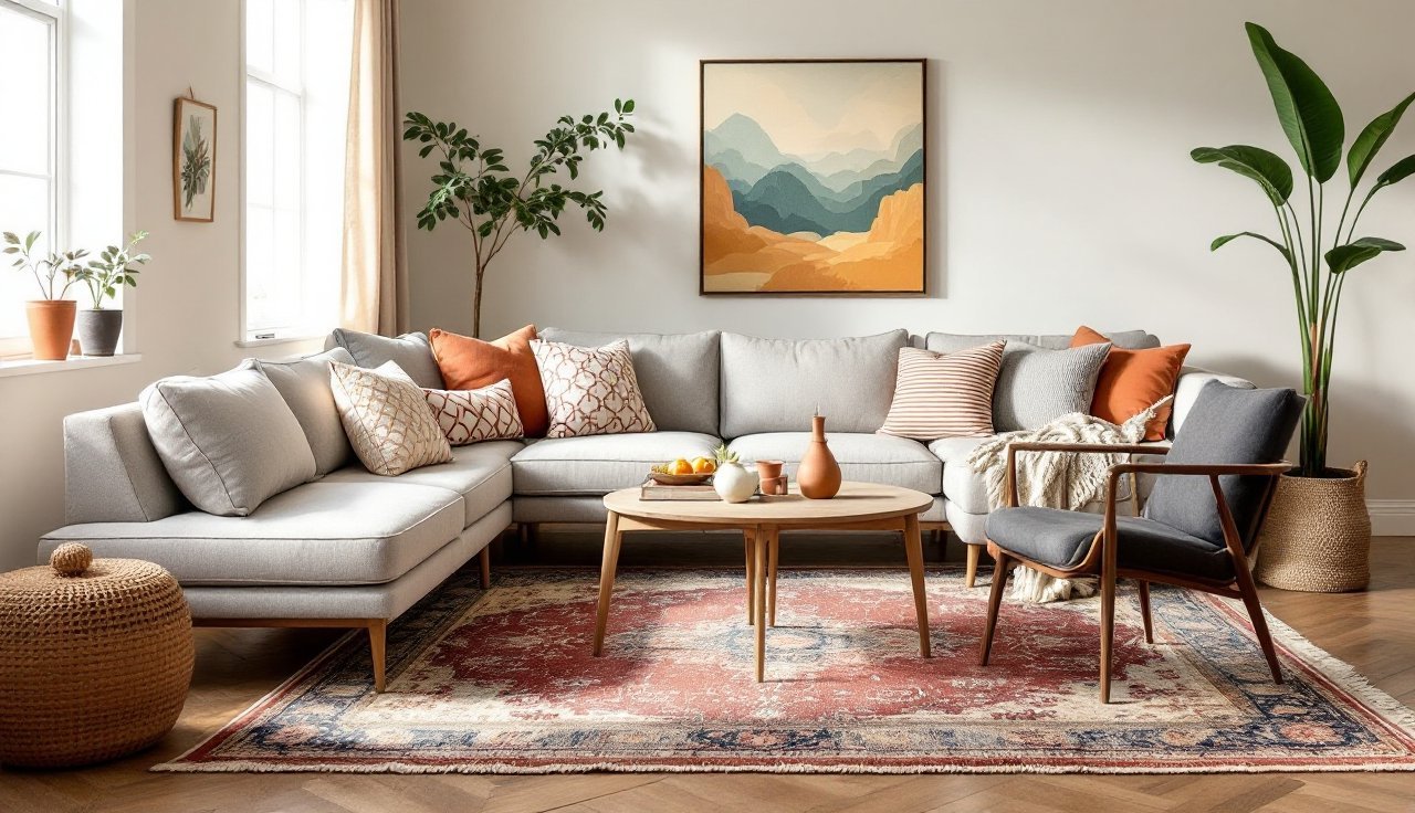 Vintage-style area rug anchoring a living room seating area with sofa, coffee table, and layered textiles