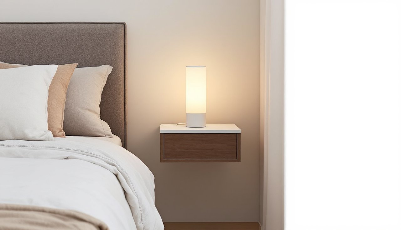 Bedside corner with a floating nightstand, tidy charging setup, and a small lamp