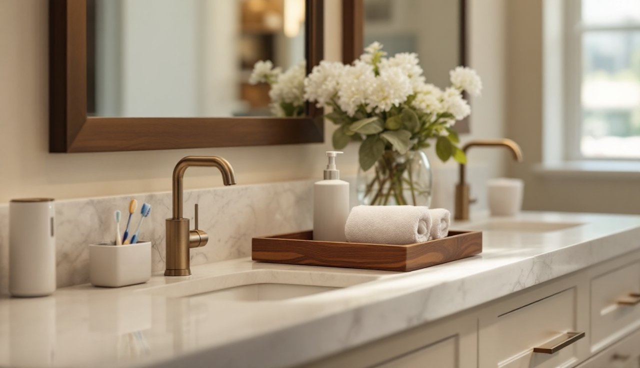 Shared modern bathroom counter with touchless soap dispenser and organized toothbrush station