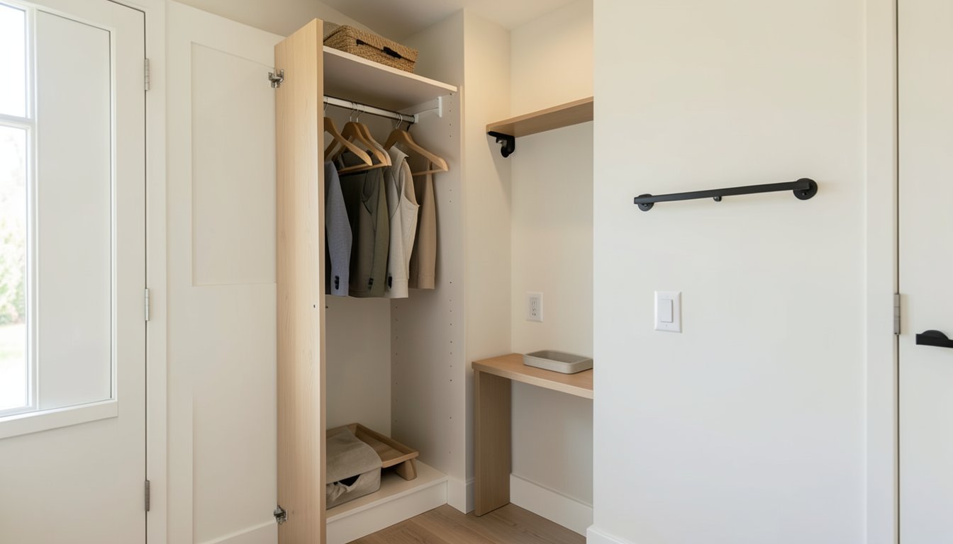 Bedroom entry corner with an over-the-door organizer, slim hangers visible in a closet, and a small catchall tray on a console