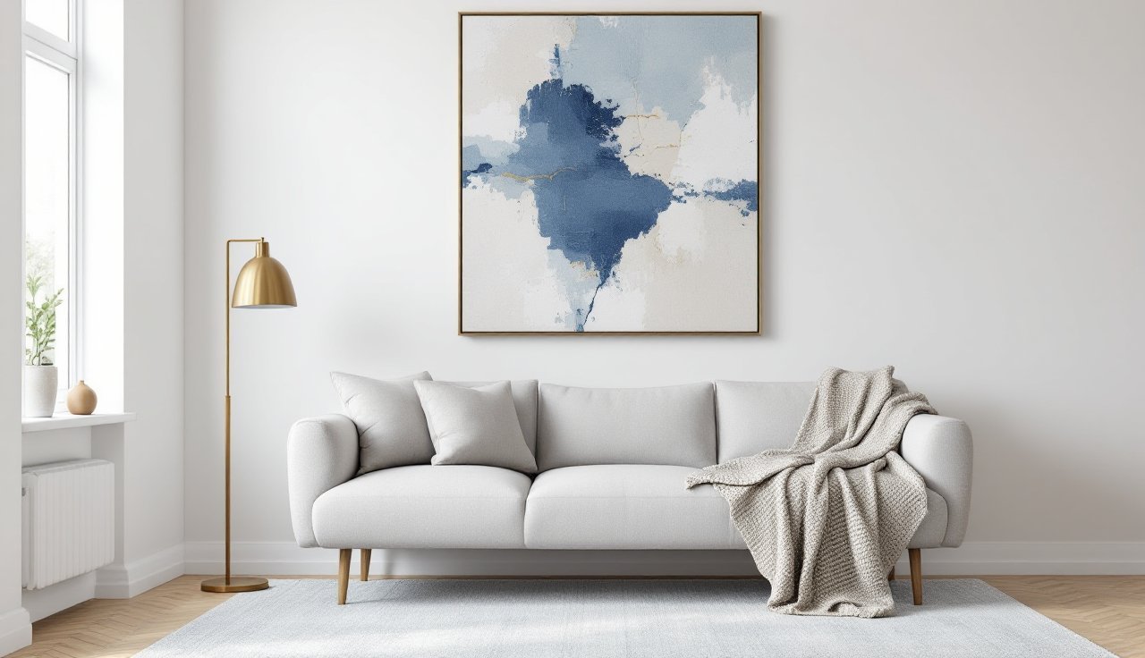 Blue-grey living room with a light blue-grey rug under the sofa, brass table lamp on a side table, and blue-grey abstract wall art on the sofa wall