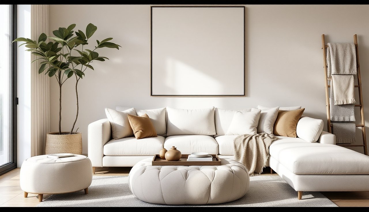 Living room seating zone with a pouf ottoman topped with a tray and a blanket ladder nearby