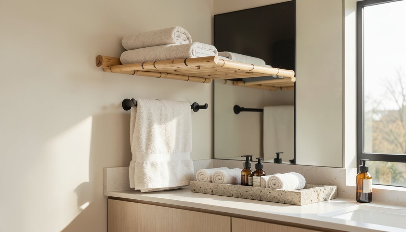 Bathroom wall storage with rust-resistant hooks and bamboo shelves in warm neutrals