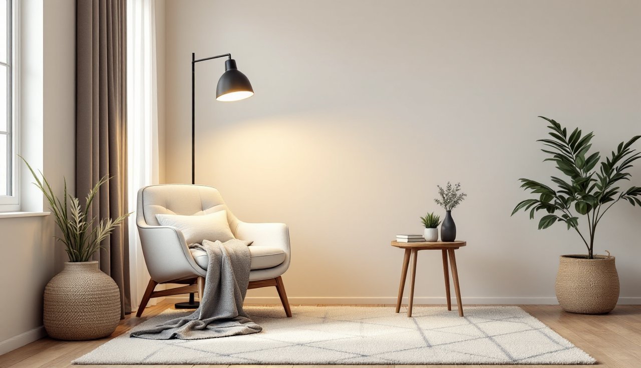 Reading nook corner with an accent chair, warm floor lamp, side table, and a throw blanket