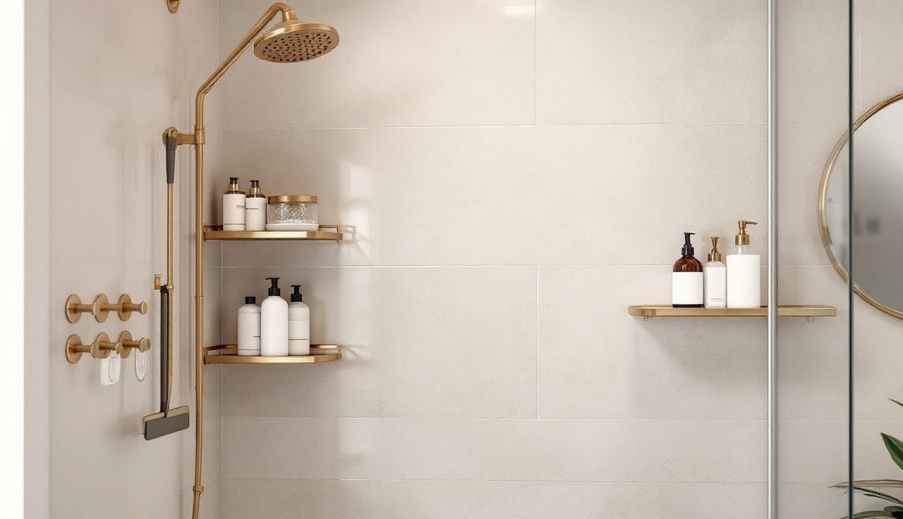 Renter-friendly shower setup with adhesive shelves, matching dispensers, and a tidy hook for a squeegee