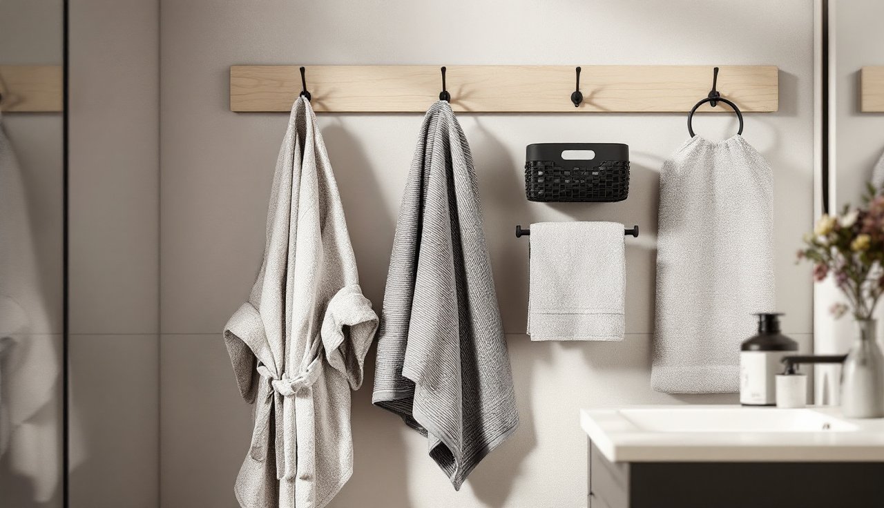 Bathroom towel hanging system using no-drill hooks and a small hanging basket