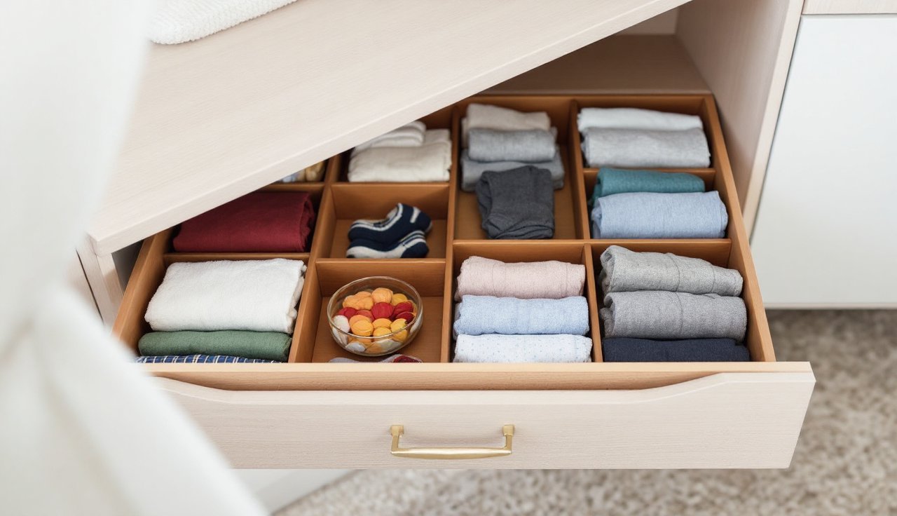 Open dresser drawer showing adjustable dividers organizing socks, tees, and accessories neatly