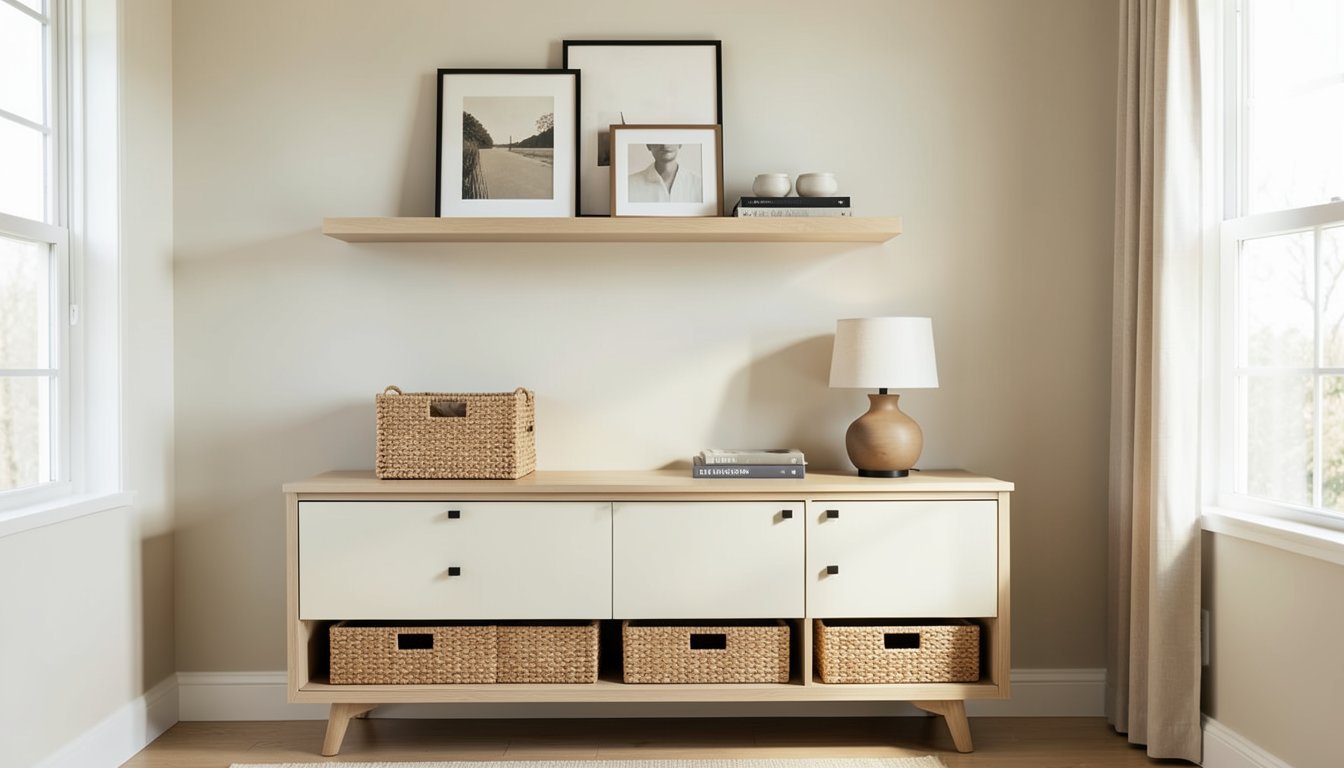 Shallow wall cabinet and floating shelves styled above a dresser wall with baskets and a framed print in a small bedroom