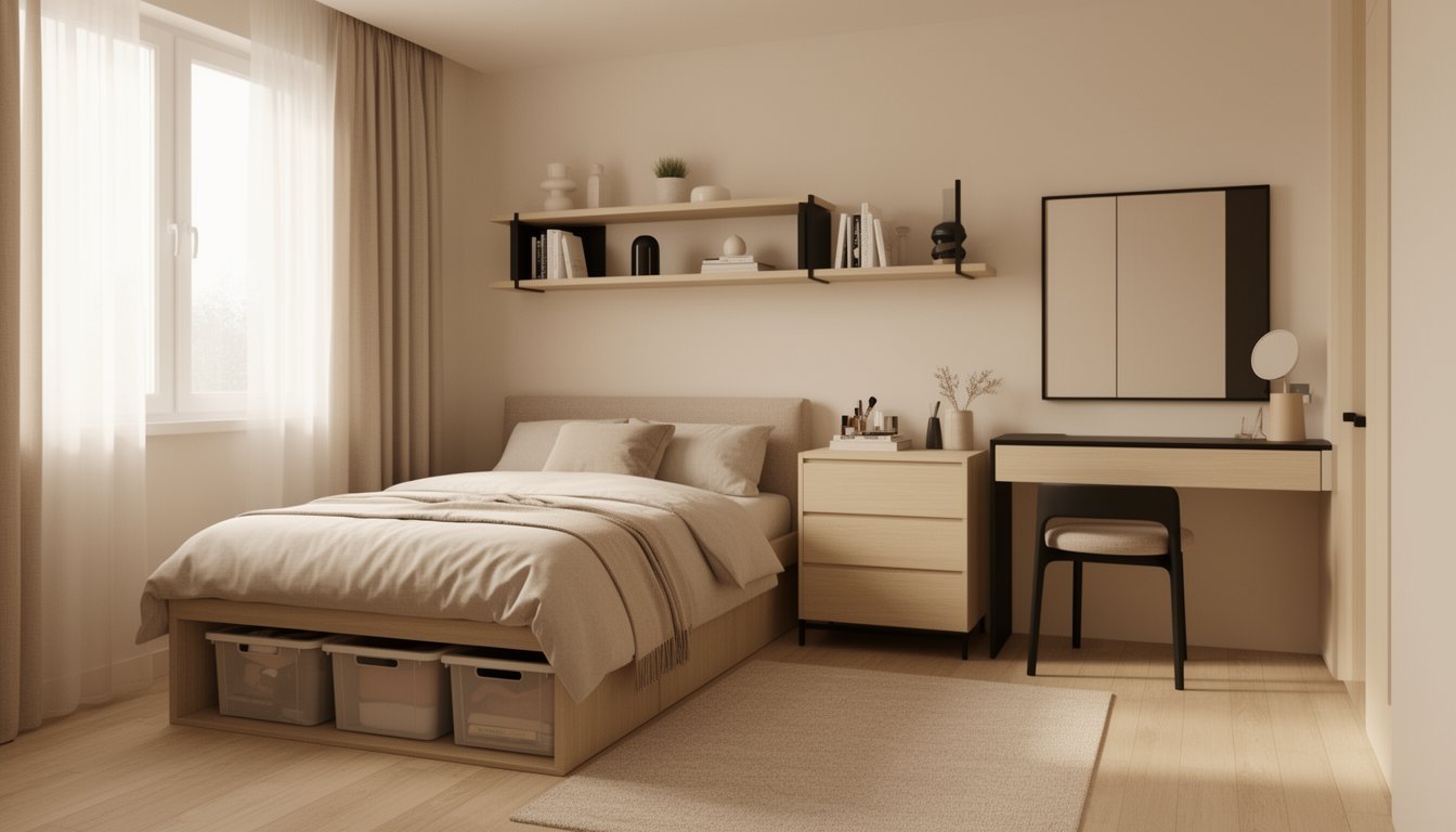 Small bedroom with tidy under-bed storage, floating shelves, and a compact vanity corner