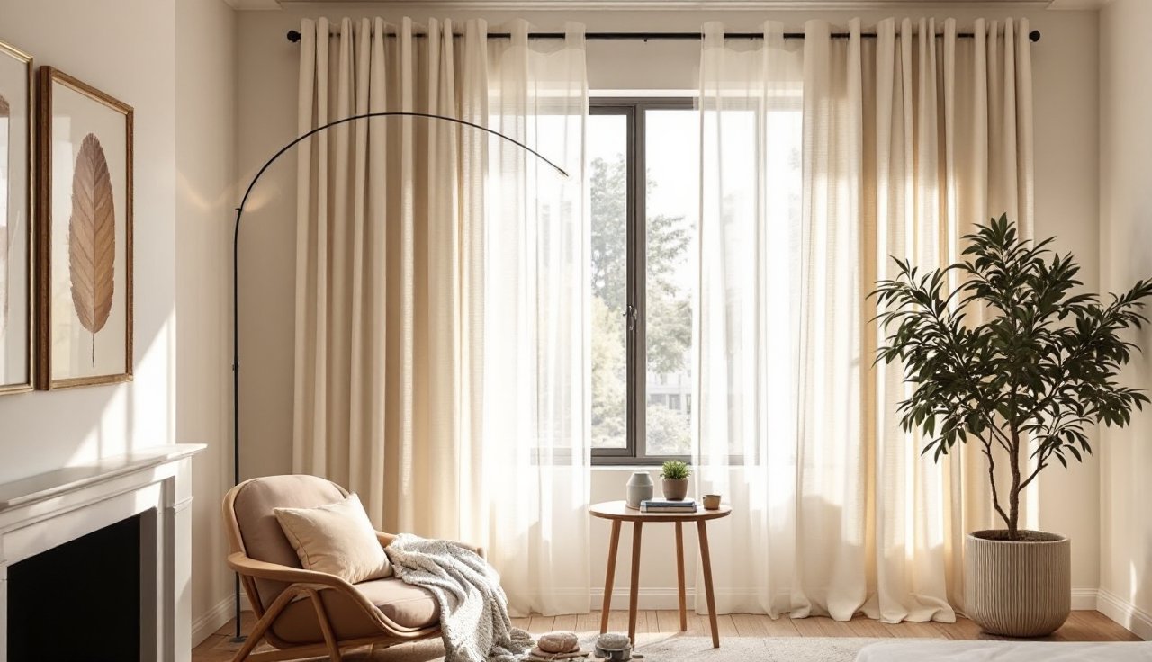 Window and curtain wall with sheers layered under blackout curtains hung high and pooling slightly at the floor