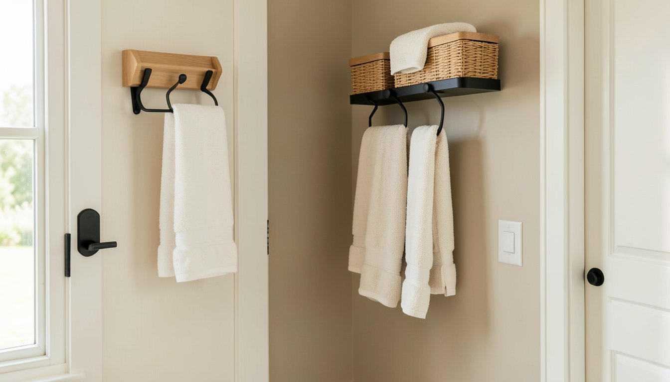 Renter-friendly bathroom storage with over-the-door organizer and adhesive hooks in warm neutrals