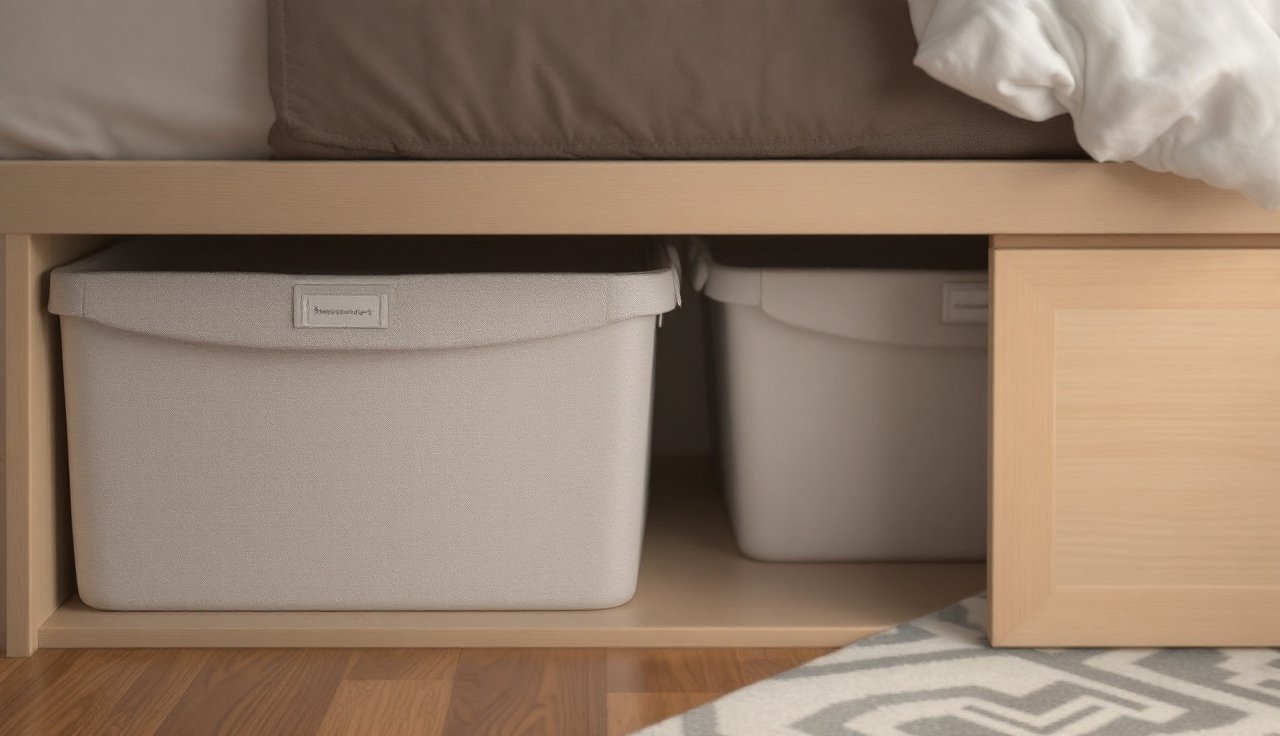 Under-bed storage rolling bins with lids partially pulled out beside a modern bed