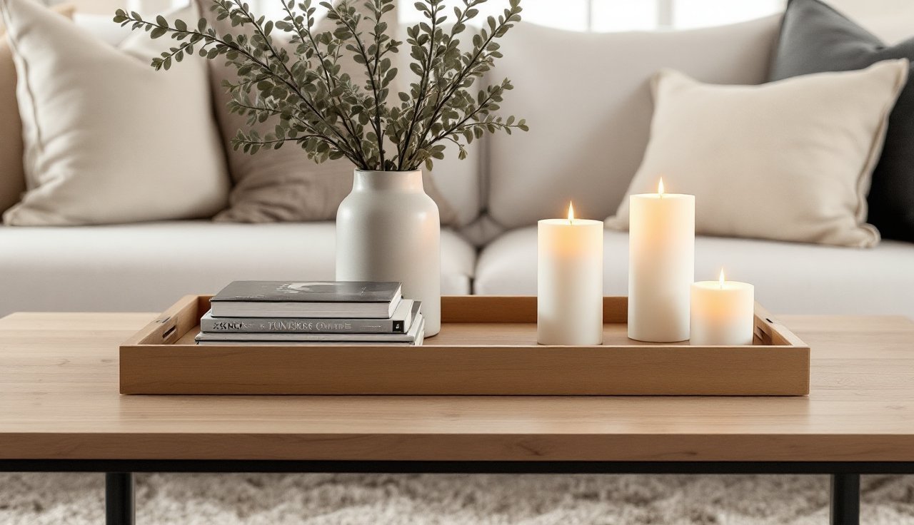 Coffee table styled with an oversized tray, books, a vase, and flameless candles with warm glow