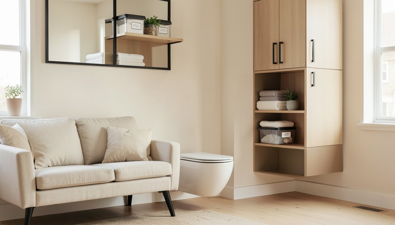 Small bathroom setup using vertical storage above the toilet and a tidy countertop tray