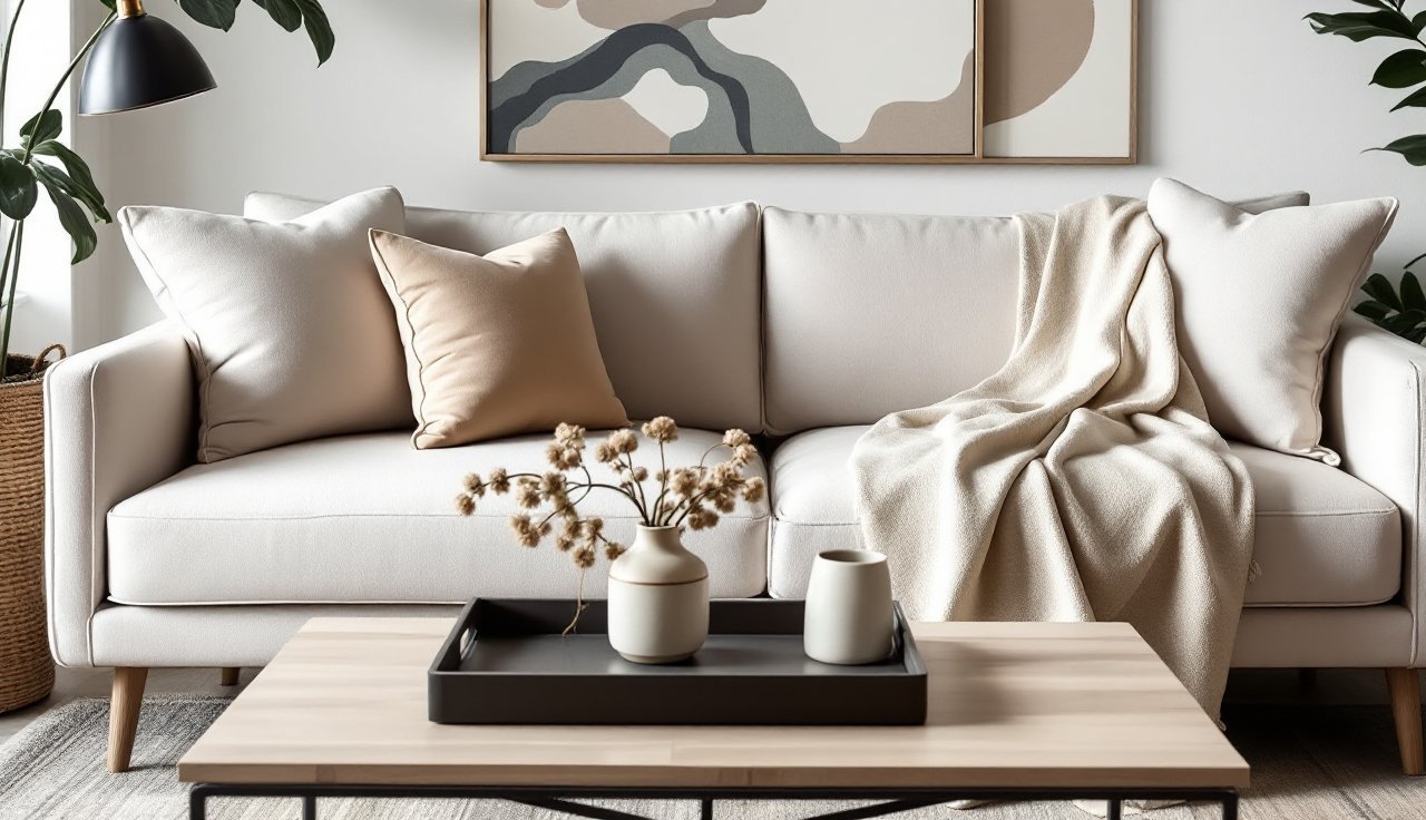 Close-up of a sofa styled with neutral pillow covers and a coffee table tray in warm modern tones
