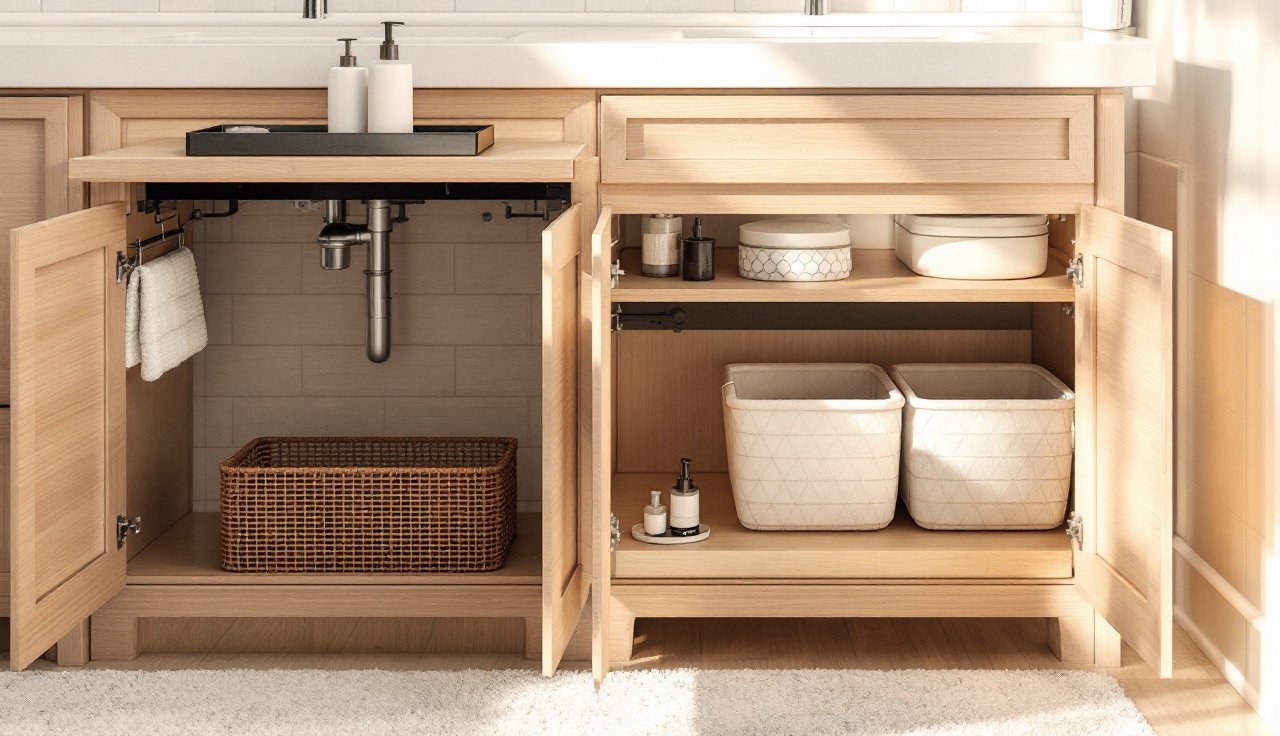 Vanity with a tidy tray, refillable dispensers, and under-sink organizers keeping backups out of sight