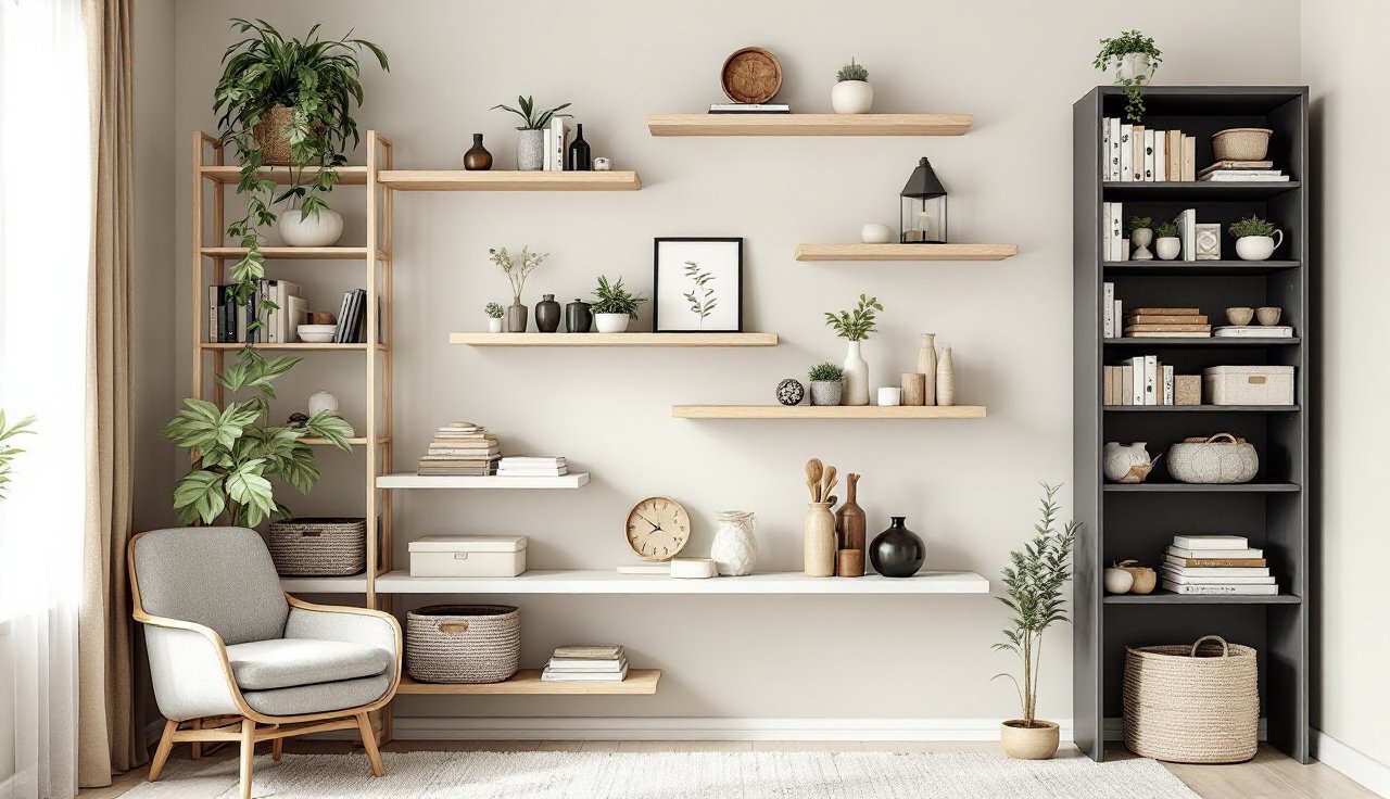 Floating shelves and a tall narrow bookcase creating a tidy storage wall in a small bedroom