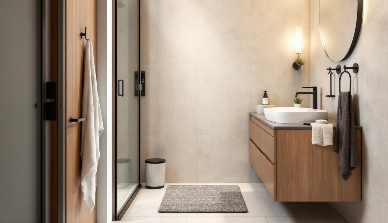 Tiny bathroom layout with clear floor space, a slim shower organizer, and a narrow runner at the vanity