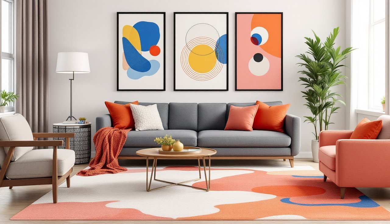 Living room with bold colorful rug, pop-art wall set, and sculptural lamp in a corner