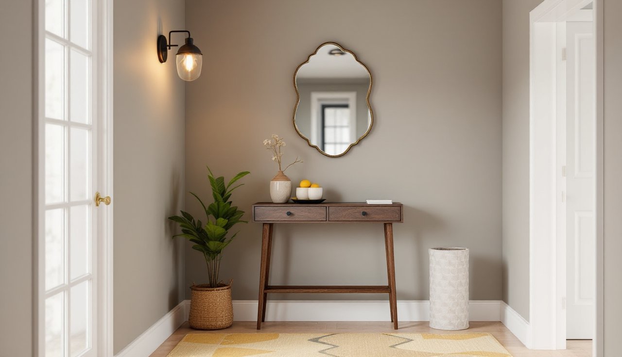 Slim entryway with colorful runner, plug-in sconce, and small wavy mirror