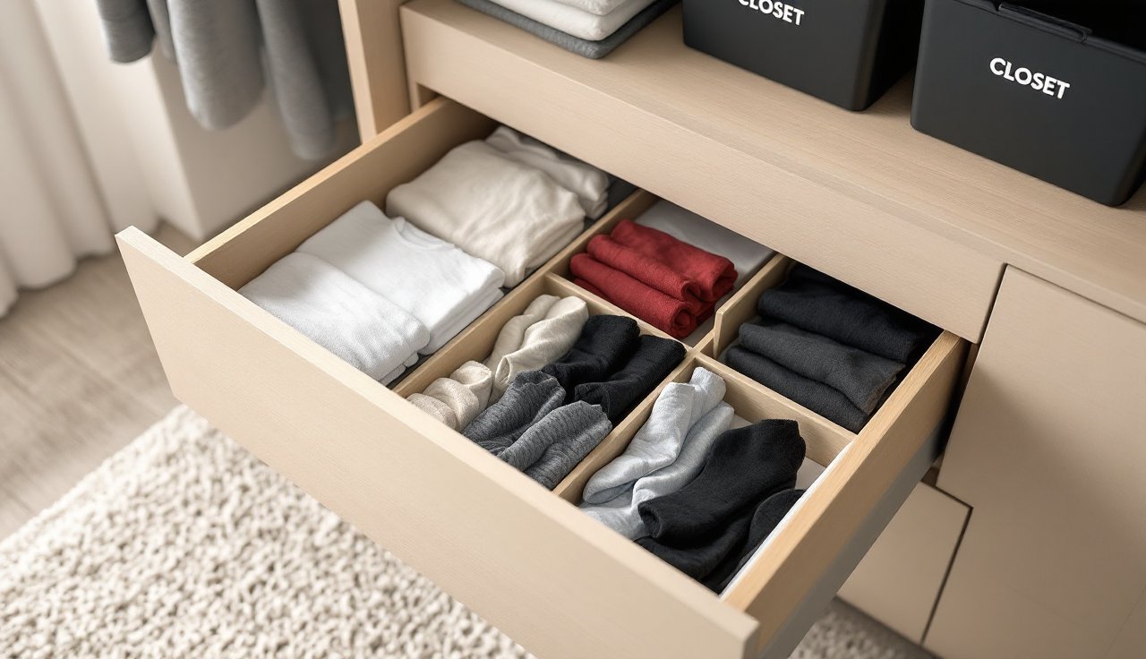 Bedroom dresser drawer with dividers and neatly folded items plus labeled closet bins