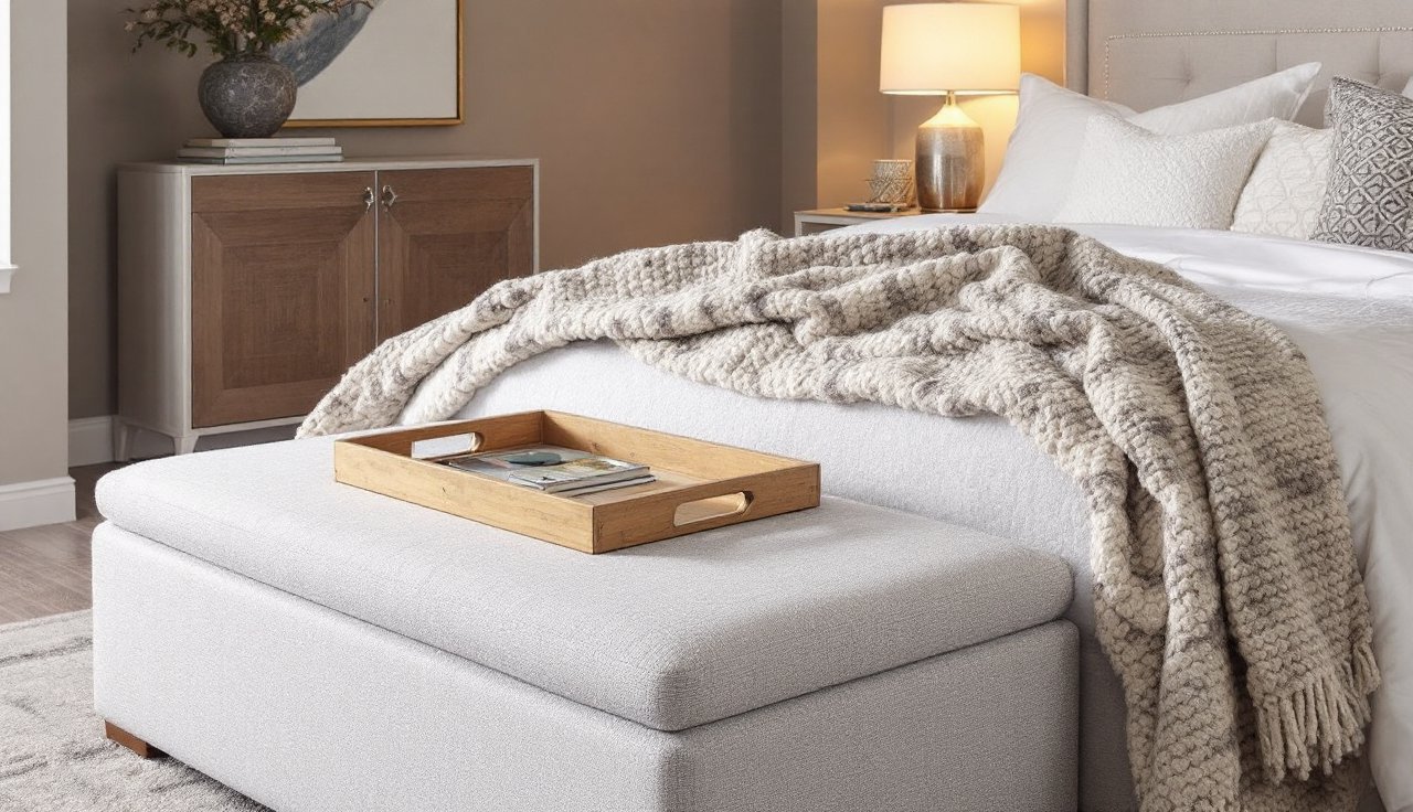 Storage bench ottoman at the foot of the bed with a tray, books, and a throw blanket