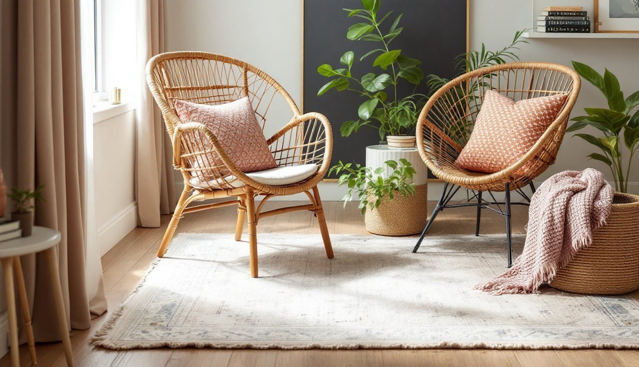 Reading nook corner with rattan accent chair, small side table, throw blanket, and vintage rug detail