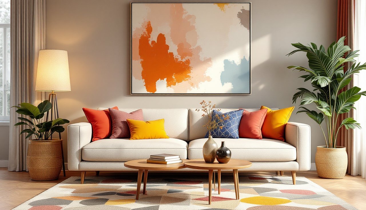 Colorful living room with a patterned area rug, layered pillows, and oversized abstract wall art on the sofa wall