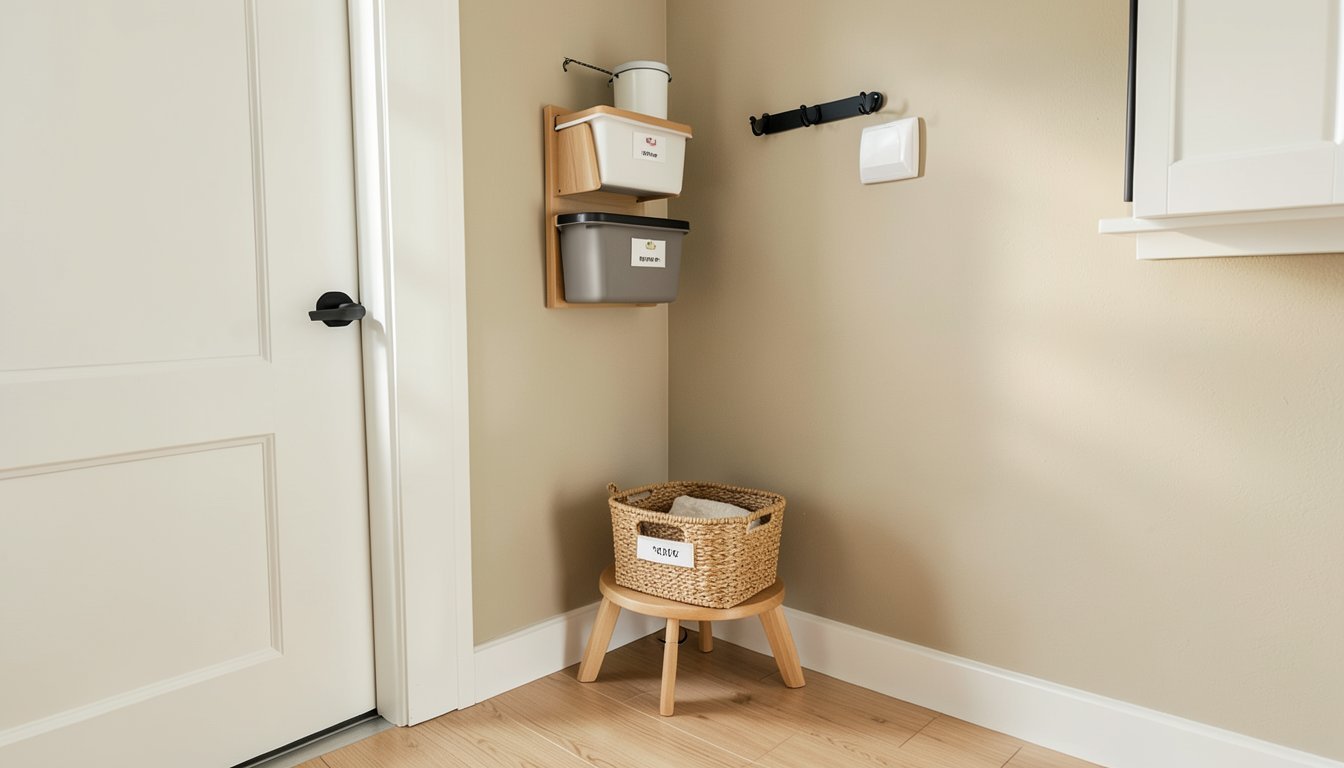 Renter-friendly small bathroom with no-drill storage and closed bins for a kid- and pet-friendly setup