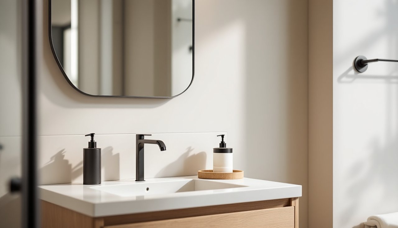Vanity splash zone with peel-and-stick tile backsplash, mirror, and simple styling