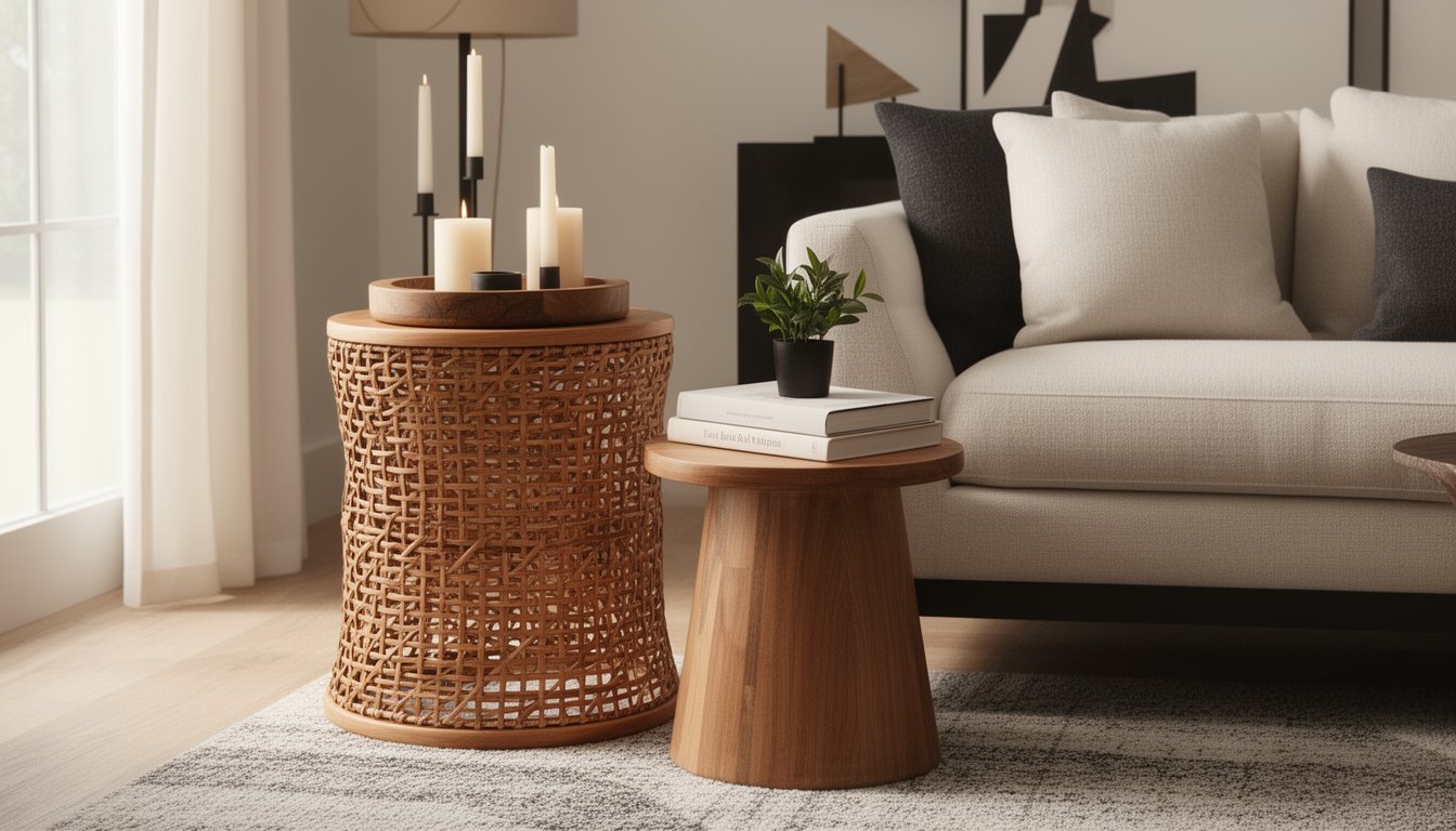 Rattan and wood accent tables styled with a tray, book stack, and small plant in a modern boho living room