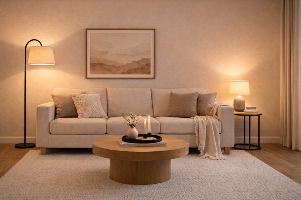 Warm lighting in a living room seating area with layered lamps and soft warm white glow